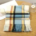 Blue and yellow plaid cashmere feel winter scarf with elegant fringe detail style - Style 14