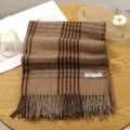 Brown plaid tassel scarf for women, soft cozy autumn winter warm cashmere feel shawl neckerchief. - 9