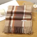 Cozy winter plaid scarf for women, classic brown camel checkered design with soft fringe edges. - Style 16