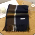 Women fashion plaid tassel cashmere feel winter warm scarf in navy brown color variant - 13