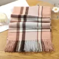 Pink and brown plaid cashmere feel winter scarf with elegant fringe detail for women. - Style 19