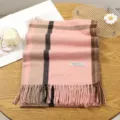Cozy pink plaid cashmere feel tassel scarf for women, warm winter fashion shawl and wrap. - 14