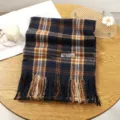Classic plaid fringe cashmere feel scarf, navy blue winter warm fashion accessory. - 25