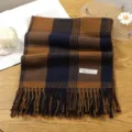 Brown and navy blue plaid tassel scarf for women and men, soft warm winter cashmere feel shawl. - 17