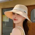 Beige wide-brim bucket hat with white band, stylish sun protection outdoor beach cap for women. - M (56-58cm) / Light Yellow
