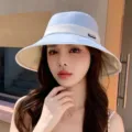 Light blue wide brim bucket hat for women, Korean style summer sun protection beach sun hat. - M (56-58cm) / Light Blue