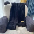 Women black knitted winter scarf, cozy thick warm solid color long shawl for cold weather. - 7