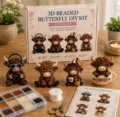 Detailed view of the 3D beaded DIY kit showing cute highland cow figurines, beads and tools. - Highland Cow A
