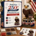 Detailed view of 3D beaded DIY kit components, colorful beads, instruction card and tools. - America 250th Eagle