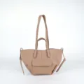 Minimalist taupe leather tote bag for women, featuring front pocket and stylish side knots. - Khaki