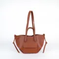 Brown leather tote bag for women, stylish shoulder bag with double handles and front pocket. - Brown