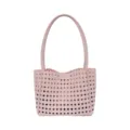 Pink woven cutout tote bag, stylish candy color shoulder handbag for women daily wear. - Pink