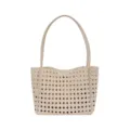 Beige woven cutout tote bag for women, stylish shoulder bag with double top handles. - White