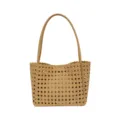 Tan woven tote bag for women, stylish hollow diamond grid shoulder bag with double straps. - Yellow