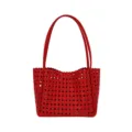 Red woven tote bag for women, stylish candy color shoulder bag, hollow out designer handbag. - Red