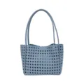 Light blue woven tote bag for women, stylish candy color casual shoulder handbag sku. - Blue