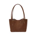 Brown woven shoulder tote bag for women, stylish cutout leather handbag with double straps. - Brown
