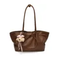 Brown PU leather tote bag with cute puppy keychain, retro style large capacity shoulder handbag. - Single Bag / Brown