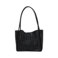 Black woven leather tote bag shoulder handbag hollow out design casual daily chic purse - Black
