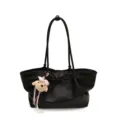 Black leather tote bag for women with cute bear pendant and stylish bow. Large capacity commute. - Single Bag / Black