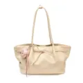 Cream Tote Bag for Women, Casual Shoulder Handbag with Bow and Cute Bear Pendant Charm - Off White