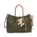 Green nylon tote bag with brown leather handles, shoulder strap and cute horse charm for women - Single Bag / Green