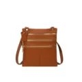 Brown leather crossbody bag for women, multi-zipper pocket shoulder bag and phone purse. - Blue