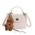 Beige top handle box shoulder bag with cute brown furry dog keychain for women fashion. - Single Bag / White