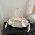 White leather tote bag for women, soft cloud shoulder bag with double handles and cute furry pom-pom. - With Pendant / White