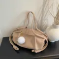 Women soft leather shoulder bag casual commuting handbag elegant crossbody cloud bag cream - With Pendant / Khaki