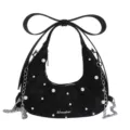 Black quilted hobo shoulder bag for women with pearls, metal chain, and large bow handle. - Single Bag / Black