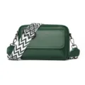 Dark green litchi grain leather crossbody bag with wide patterned strap and pocket. - Green