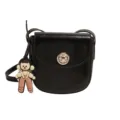 Minimalist Black PU Leather Crossbody Bag, Casual Small Shoulder Bag with Doll Pendant - Black