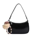 Black PU leather shoulder bag for women, stylish underarm bag with cute plush puppy charm. - Single Bag / Black