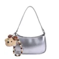 Trendy silver metallic shoulder bag featuring a cute plush bear and beaded charm. - Silver