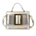 Silver metallic handbag with a bold gold buckle and top handle, chic retro crossbody bag for women - Silver