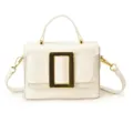 White patent leather handbag with gold buckle, retro chic top handle single shoulder square bag. - White