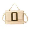 Beige patent leather handbag with statement gold buckle, top handle and chic shoulder strap - Khaki