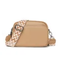Casual PU leather crossbody shoulder bag for women, simple square design with wide strap. - Tan
