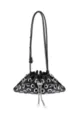 Black patent leather bucket bag with silver eyelets, pearl drawstring, and stylish shoulder strap. - One Size / Black