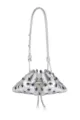 Silver metallic bucket bag with grommets, drawstring closure, and pearl chain straps. - One Size / Silver
