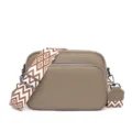 Taupe leather crossbody bag with brown geometric wide strap, stylish casual shoulder purse. - Khaki