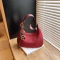 Burgundy suede shoulder hobo bag for women, stylish underarm commuting handbag with charms. - With Pendant / Burgundy