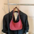 Elegant wine red suede shoulder bag, stylish crescent hobo design with metal ring hardware. - No Pendant / Burgundy