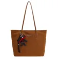 Vintage brown suede tote bag for women, large capacity shoulder handbag with cute bear charm. - Single Bag / Brown