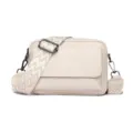Beige leather crossbody bag for women, wide strap multi-pocket casual shoulder handbag. - Off White