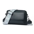 Bolso bandolera de piel granulada azul oscuro con correa ancha geométrica para mujeres. - Azul