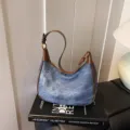 Vintage denim hobo shoulder bag with brown leather trim stylish dumpling bag variant - Blue