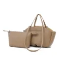 Chic large capacity tote bag with matching pouch, stylish pu leather shoulder handbag for women. - Khaki