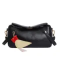 Black minimalist shoulder bag with unique bird charm, chic summer crossbody fashion piece. - Black